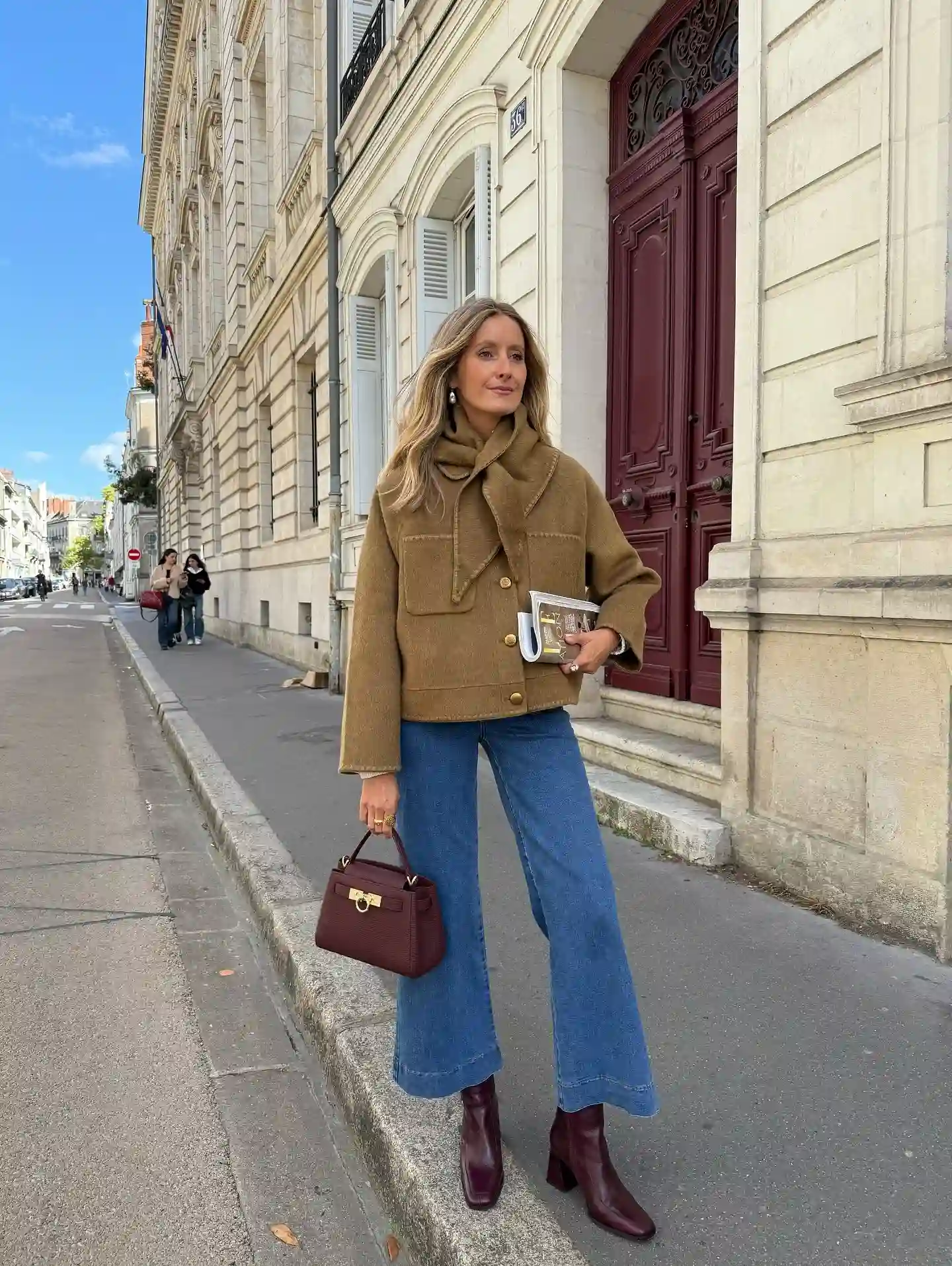 3. Camel Wool Jacket and Wide Leg Denim