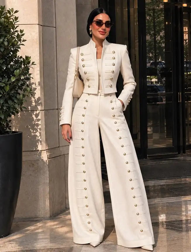 20 Quiet Luxury Outfits for Women Over 40 (Old Money Style, Real-Life Ready) 7 Cream Military-Style Jacket and Trouser Set