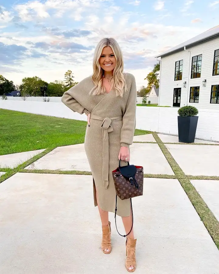 15 Winter Wedding Guest Outfits Over 40 That Handle the Cold 2 Belted Ribbed Knit Sweater Dress in Taupe