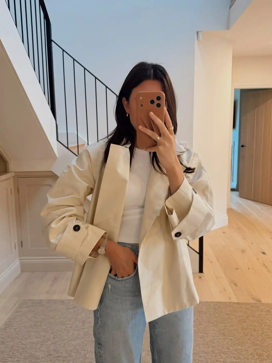 Cream Cotton Jacket over a White Tank and Jeans