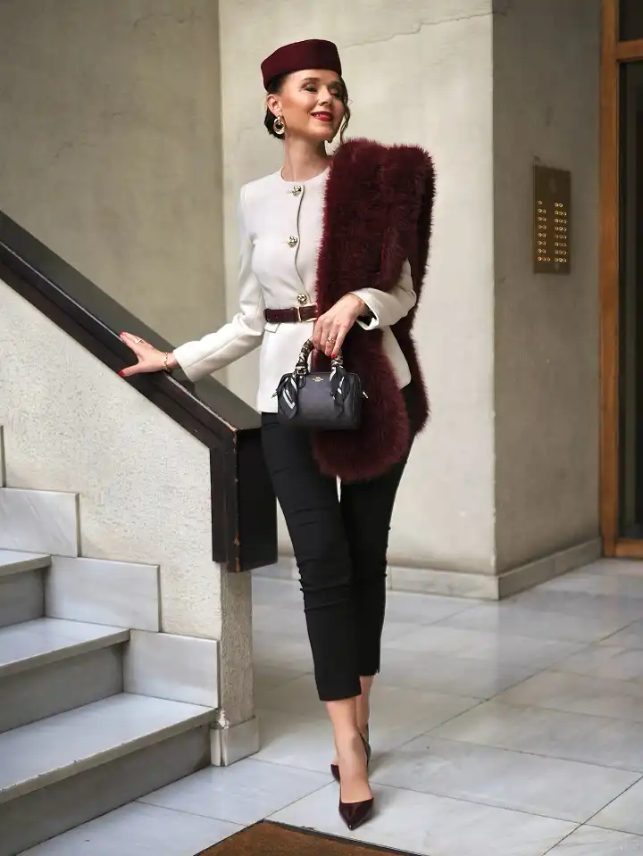 Cream Jacket With a Burgundy Stole and Belt