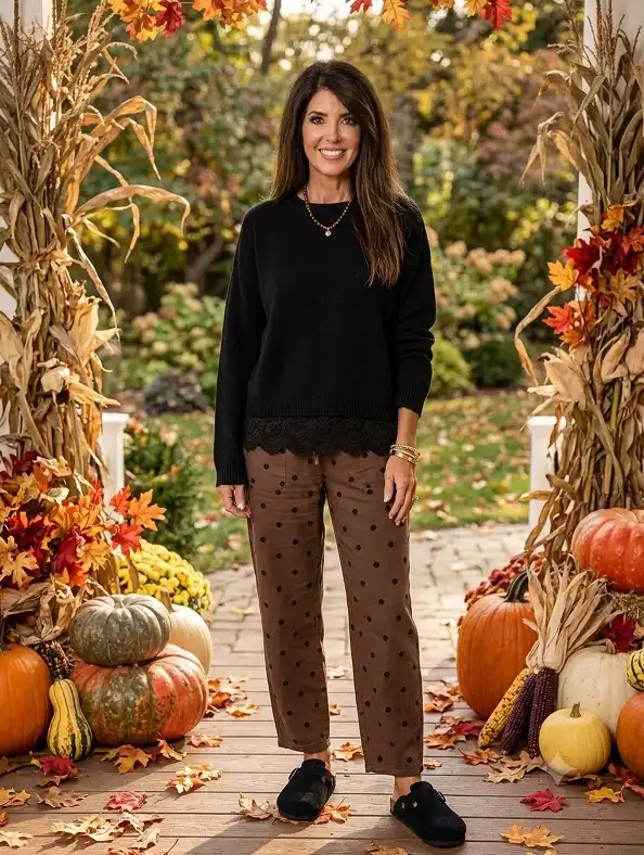 16 Pumpkin Patch Outfits Over 40 That Handle Mud, Hay, and Photos 7 Black Lace Hem Sweater With Brown Polka Dot Pants