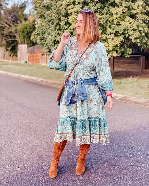 18 Boho Outfits for Women Over 40 (Not Costume-y) 3 Mint Peasant Dress with a Tied Denim Jacket