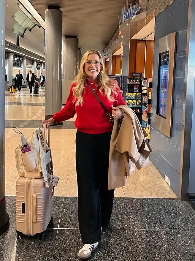 Red Polo Sweater with Black Wide Leg Pants