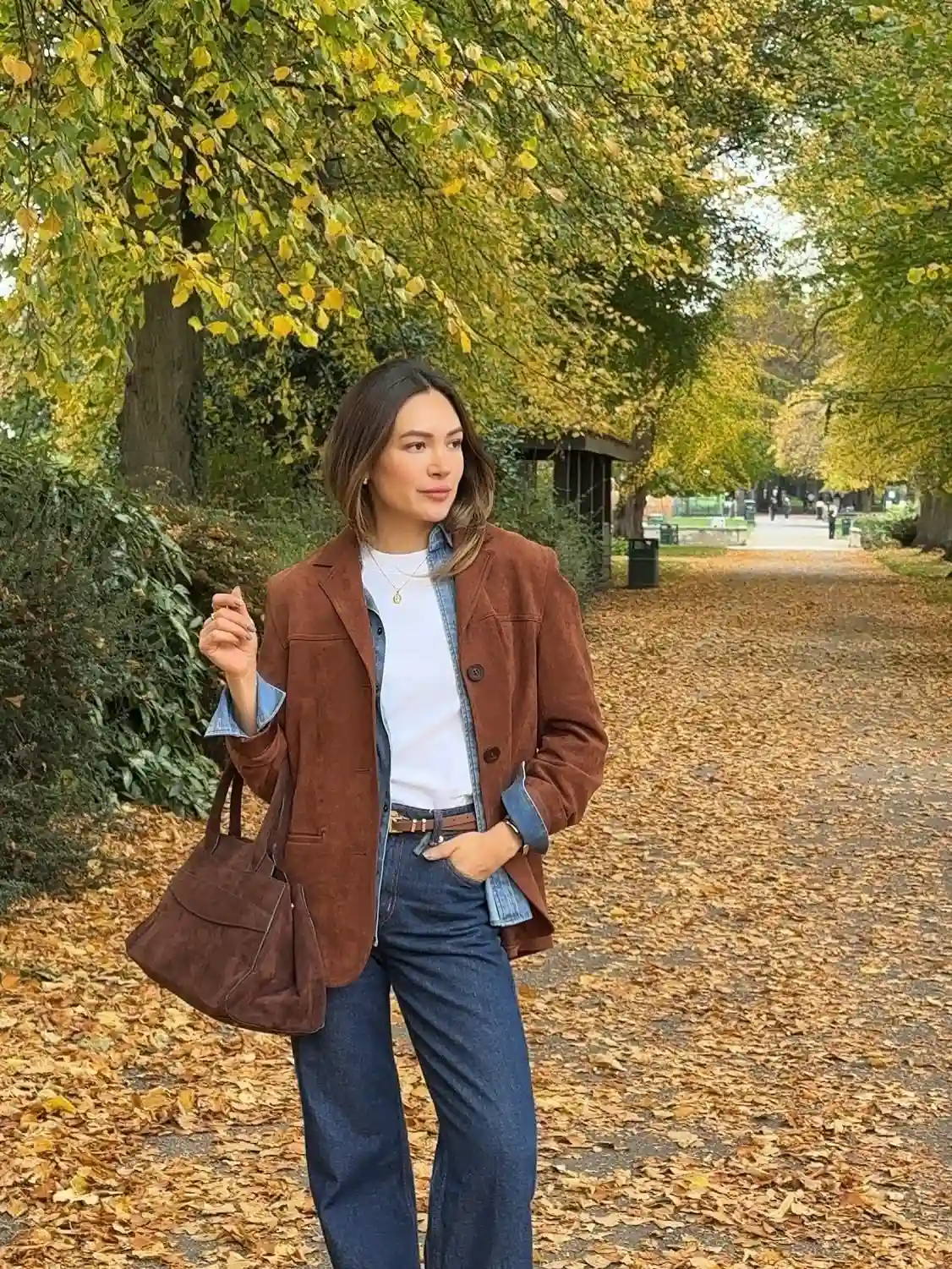 9. Suede Jacket with Layered Denim and White Tee