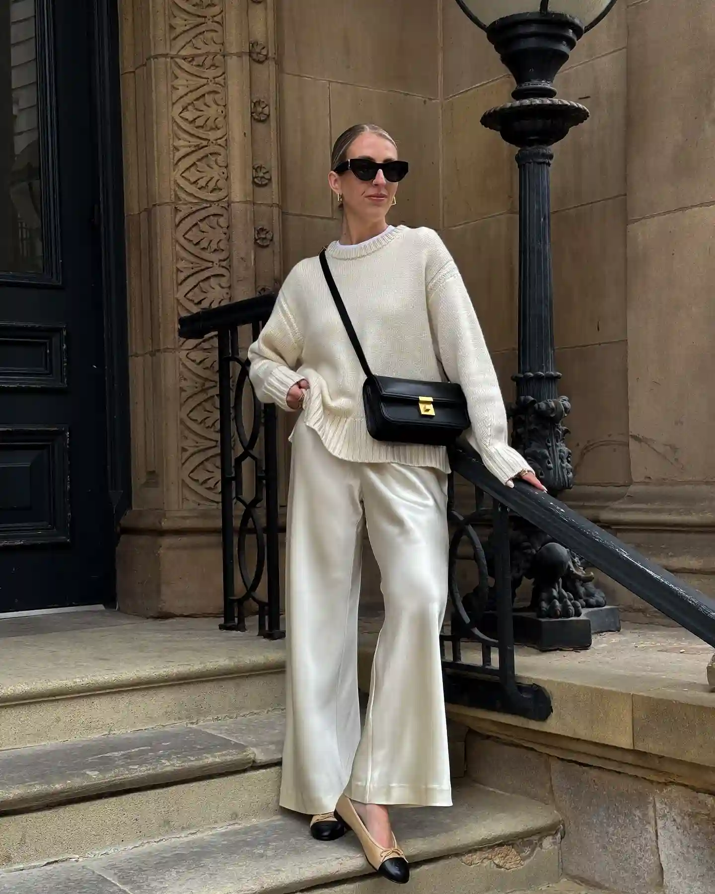 16. Cream on Cream With Satin Pants and a Chunky Sweater