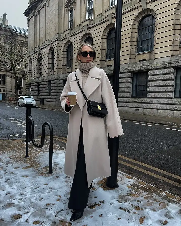 20 Chic Winter Outfits for Women Over 40 That Aren't Frumpy 14 Oyster Wool Coat Over Black