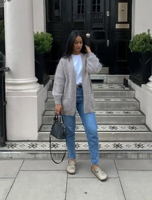 Fuzzy Gray Cardigan, White Tee, and Straight Jeans