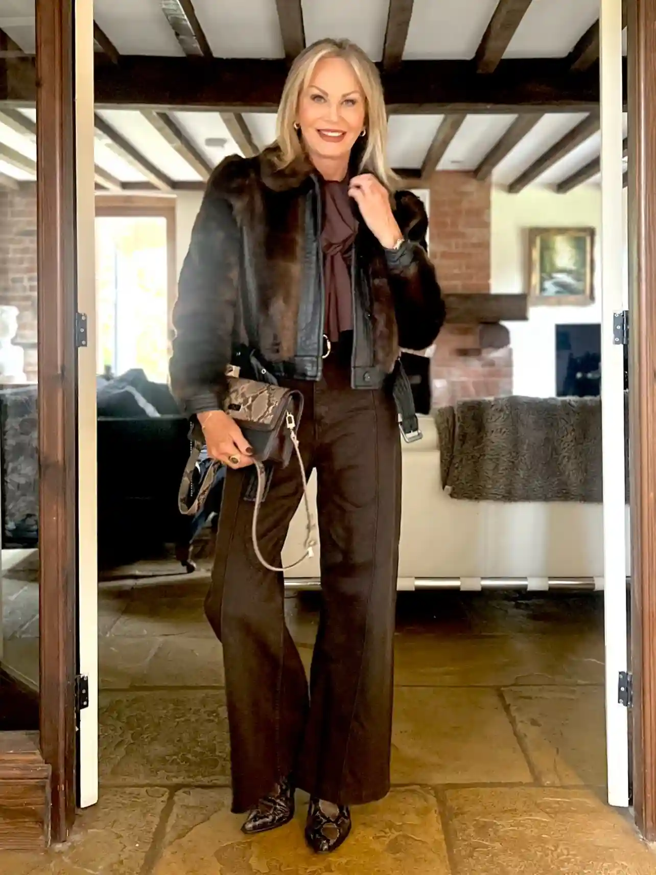 12. Chocolate Fur Bomber with Wide Leg Trousers