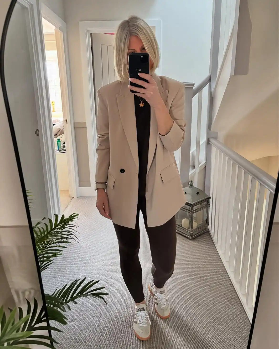 4. Camel Blazer with Black Leggings and Sneakers