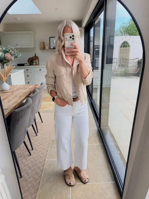 15 Business Casual Outfits for Women Over 40 10 9. Denim Shirt Jacket with White Wide Leg Jeans