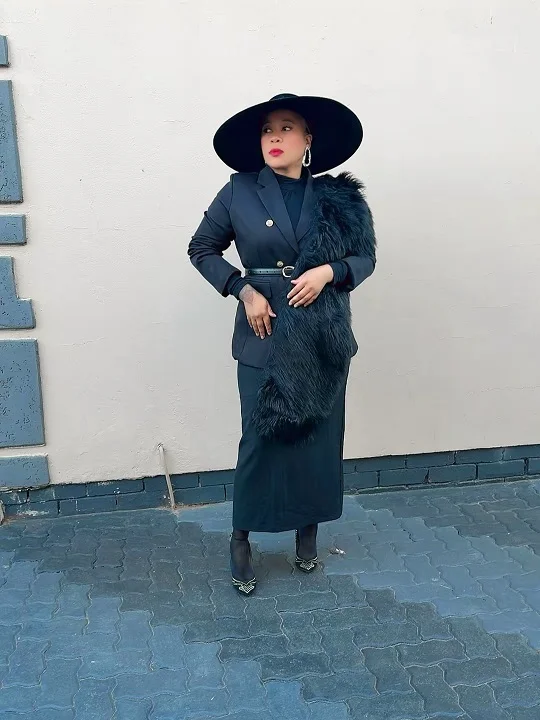 Belted Blazer, Long Skirt, and a Faux Fur Stole for Winter