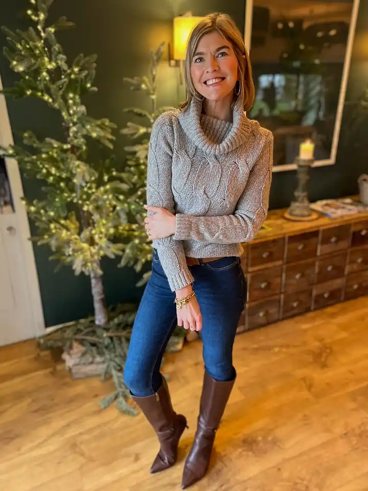 Cable Knit Roll Neck With Dark Jeans and Tall Brown Boots