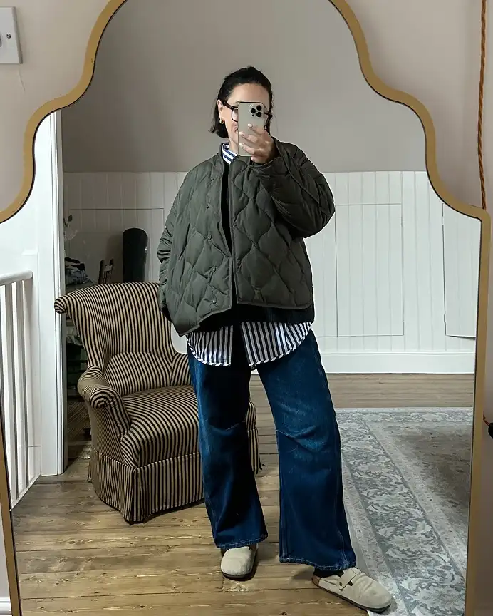20 Chic Winter Outfits for Women Over 40 That Aren't Frumpy 9 Quilted Jacket With a Striped Shirt