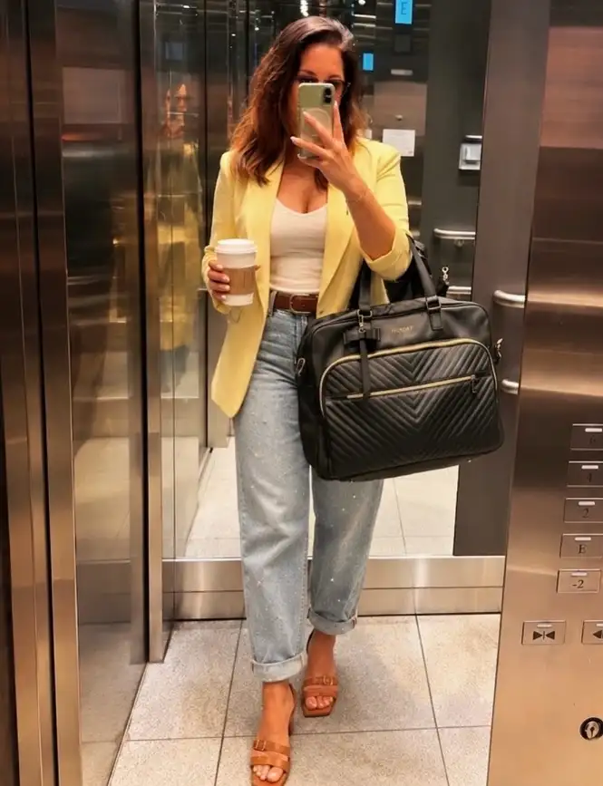 20 Work Outfits for Women Over 40 That Look Effortlessly Polished 7 Butter Yellow Blazer with Embellished Light Jeans