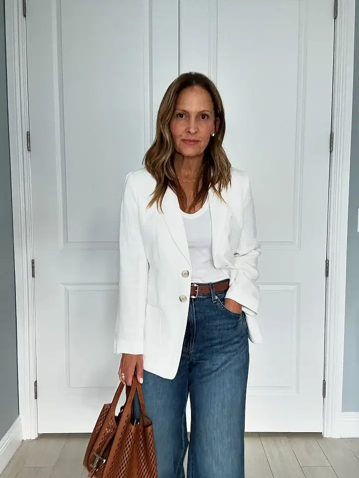 20 Work Outfits for Women Over 40 That Look Effortlessly Polished 13 White Linen Blazer over Wide Leg Jeans