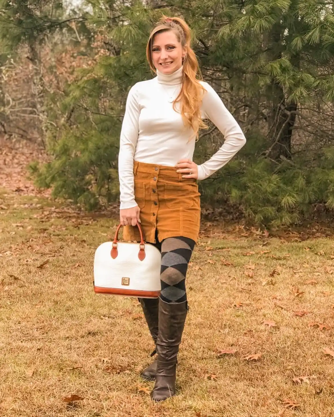 14. White Turtleneck with Corduroy Skirt and Argyle Tights
