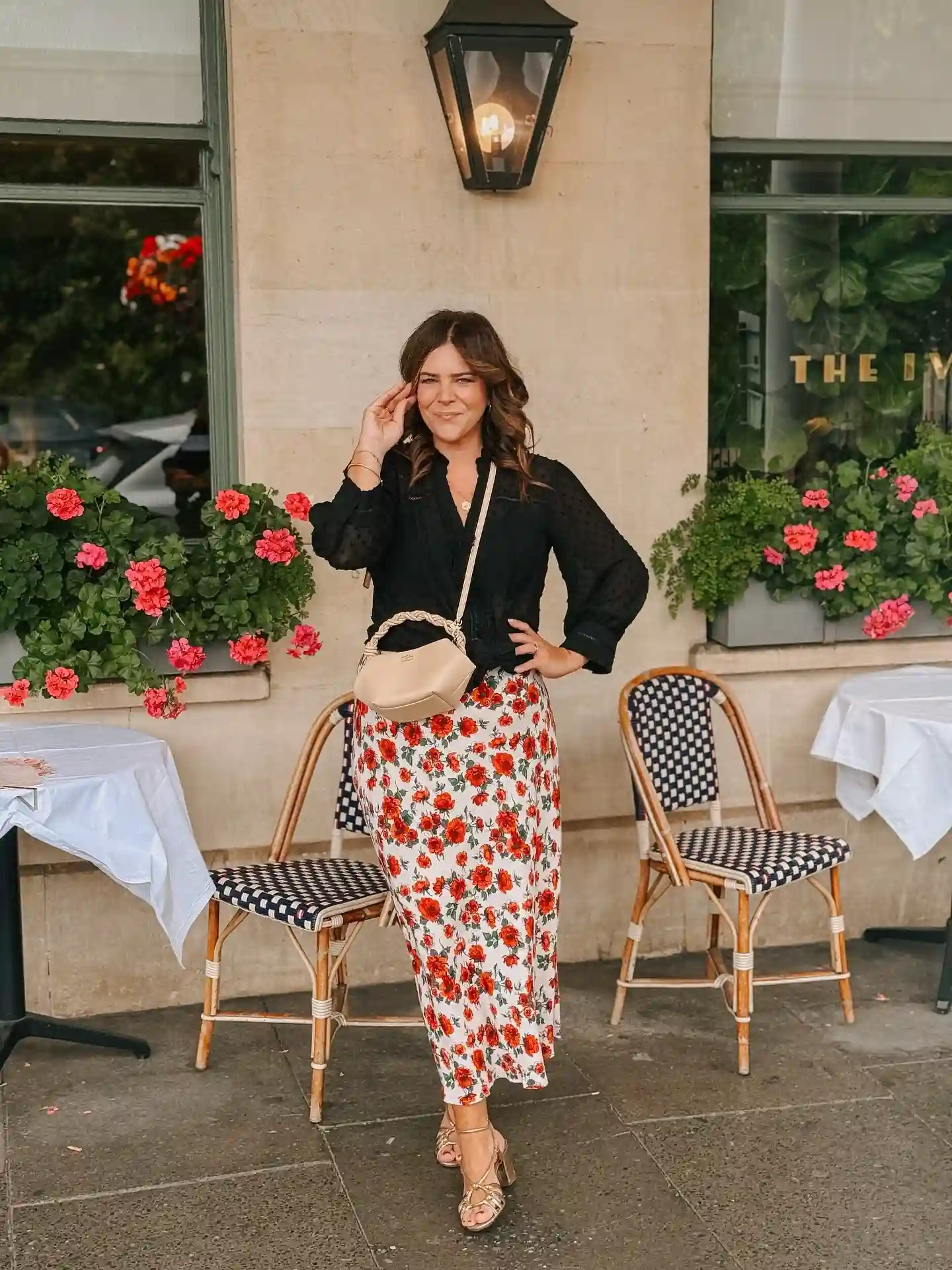 13. Black Blouse With Red Floral Midi Skirt