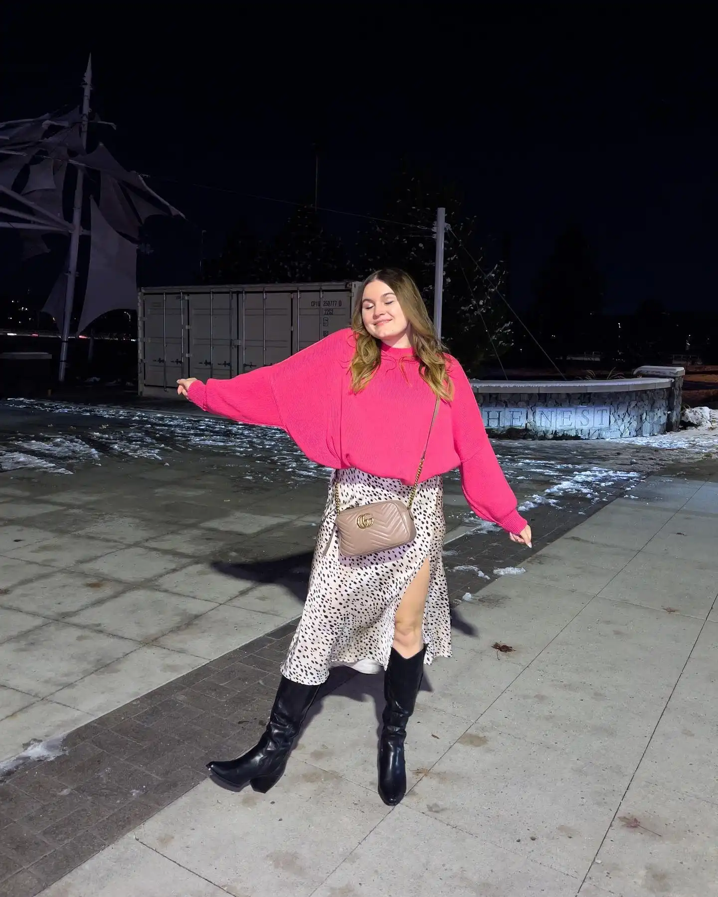 4. Bright Sweater with Animal Print Midi Skirt