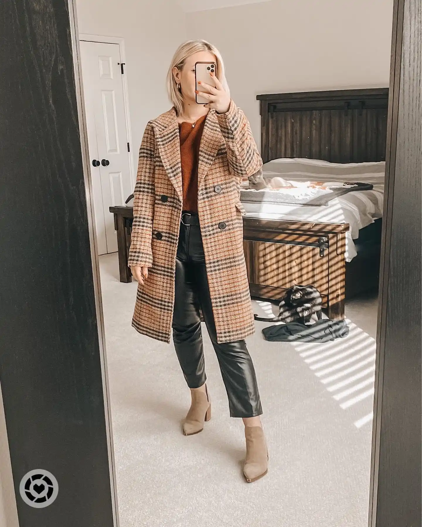 9. Plaid Wool Coat with Faux Leather Pants