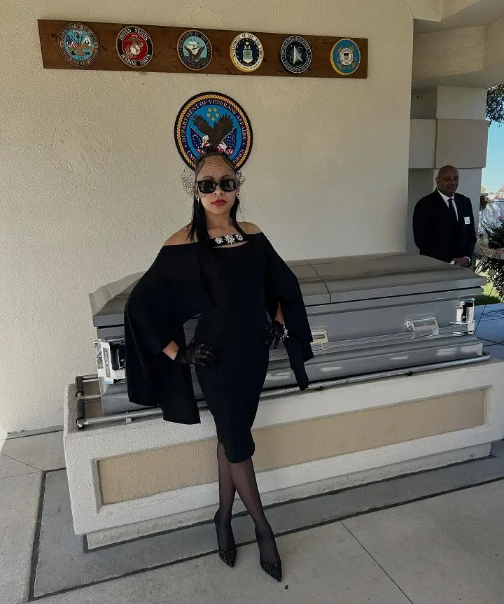 Draped Cape Dress With Lace Gloves for a Graveside Service