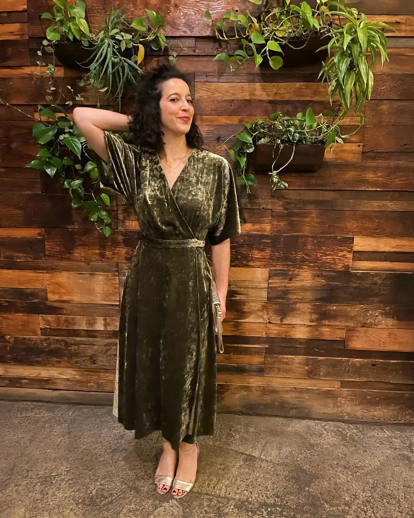 15 Velvet Outfits for Women Over 40 to Wear All Season 4 3. Olive Crushed Velvet Wrap Dress
