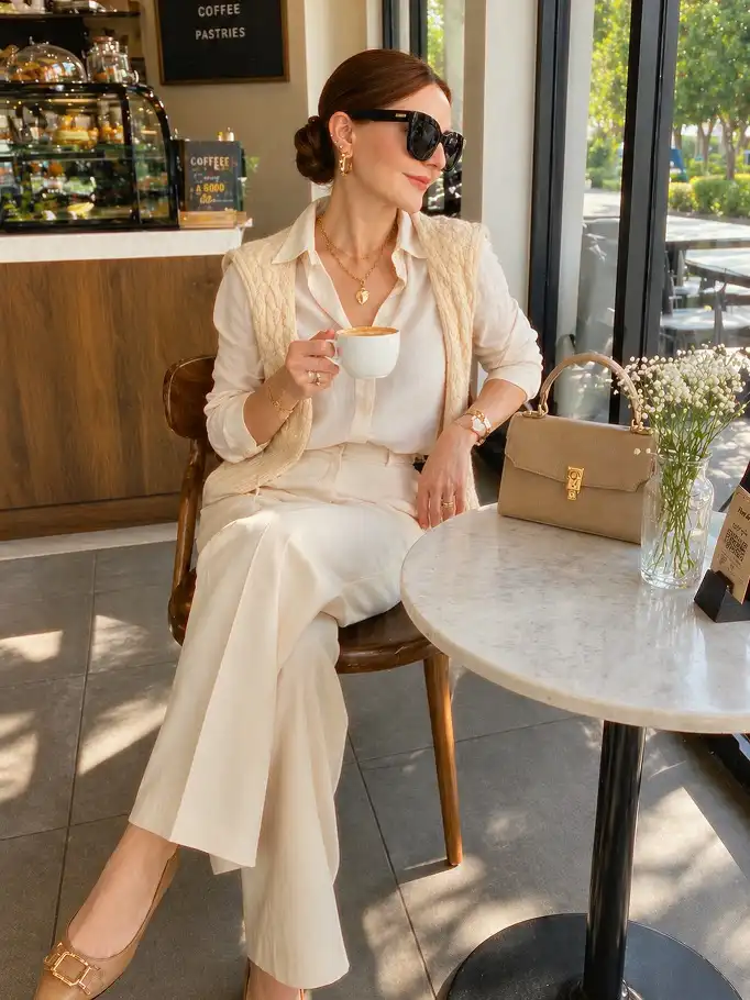 17 Old Money Outfits for Women Over 40 That Look Rich Without Trying 13 A Cream Sweater Vest Over a Linen Shirt for Coffee Dates
