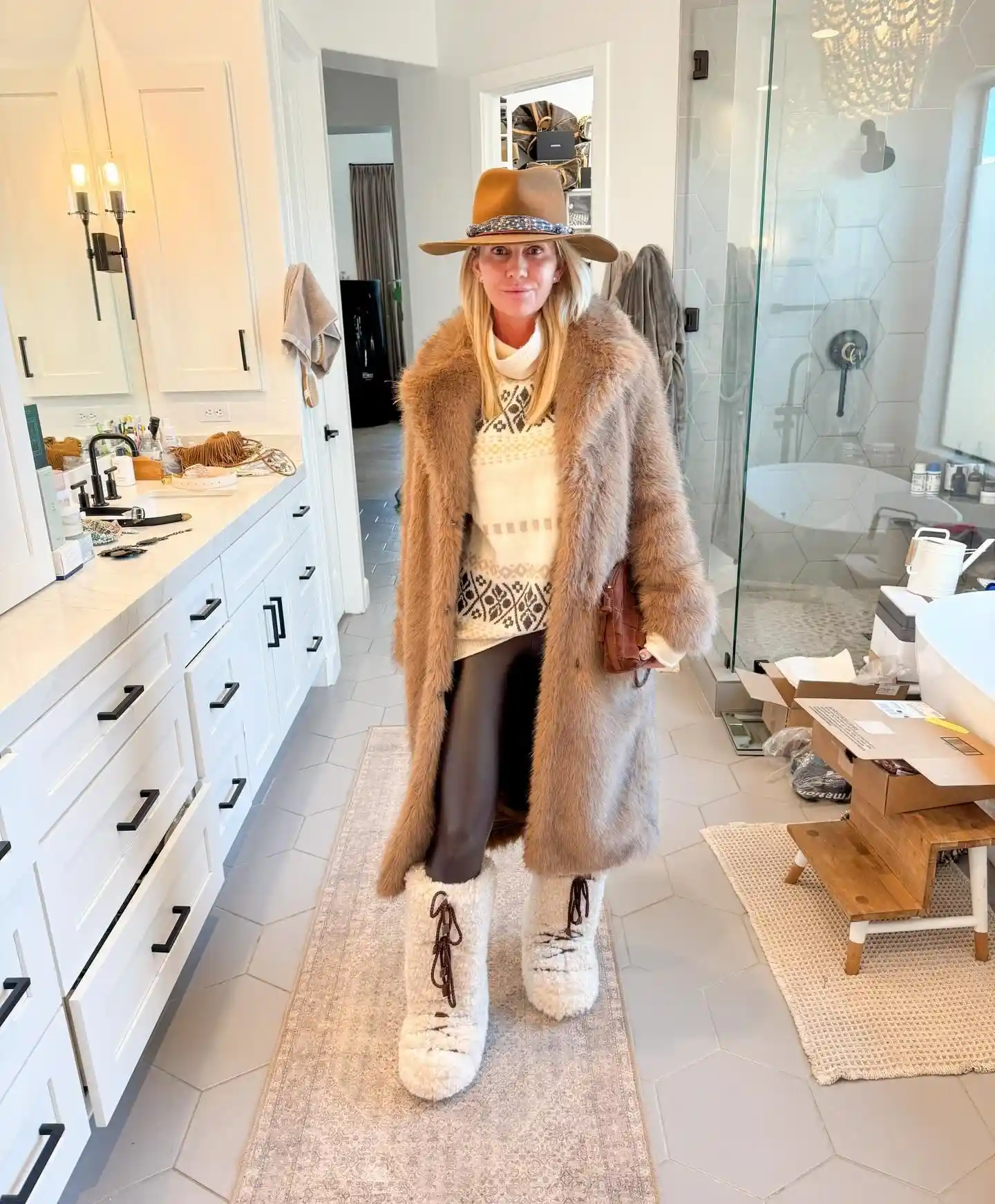 1. Camel Faux Fur Coat With Cream Snow Boots and a Fair Isle Sweater