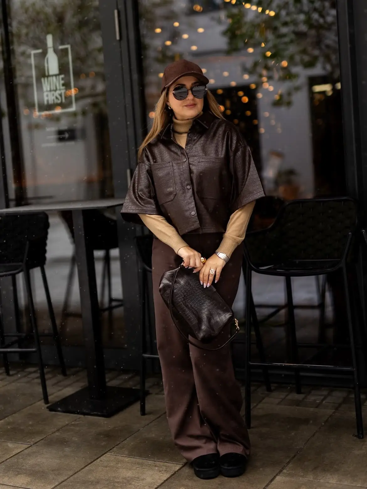 17 Leather Outfits Over 40 (Not Costumey) 11 10. Croc Embossed Leather Shirt with Wide Leg Trousers