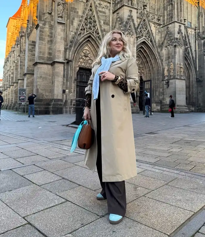 Long Trench With Leopard Cuffs and Pale Blue Sneakers