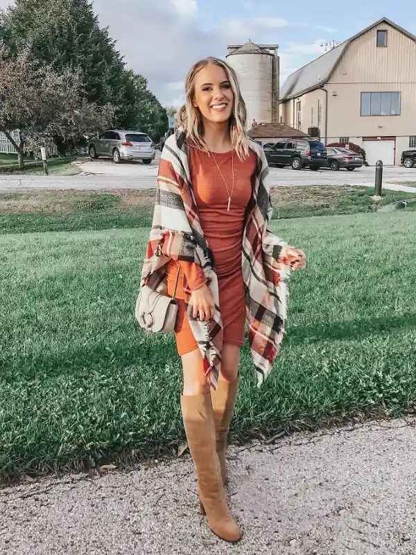 17 Fall Wedding Guest Dresses Over 40 That Look Expensive 2 1. Rust Ribbed Dress With a Plaid Blanket Scarf
