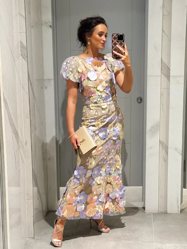 17 Fall Wedding Guest Dresses Over 40 That Look Expensive 9 8. Nude Tulle Gown With 3D Floral Appliqué