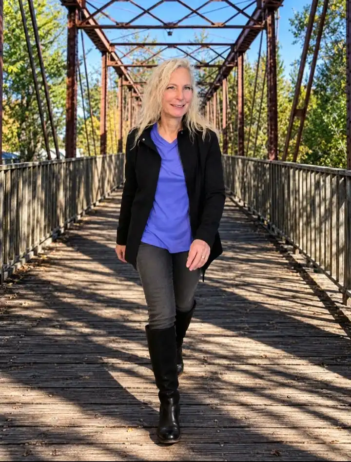 Black Jacket, Periwinkle Tee, and Knee High Boots