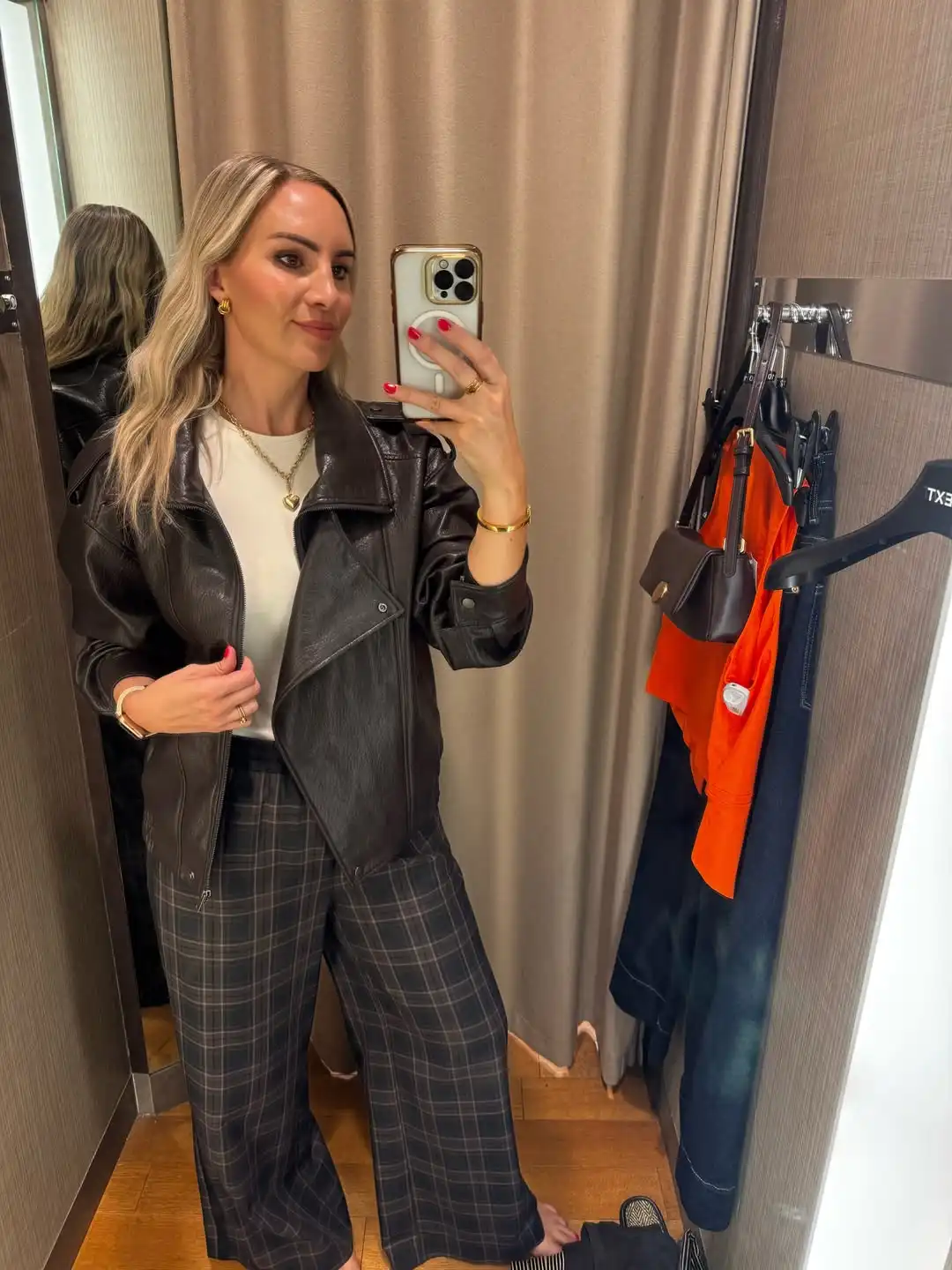 Brown Leather Jacket with Wide Plaid Trousers