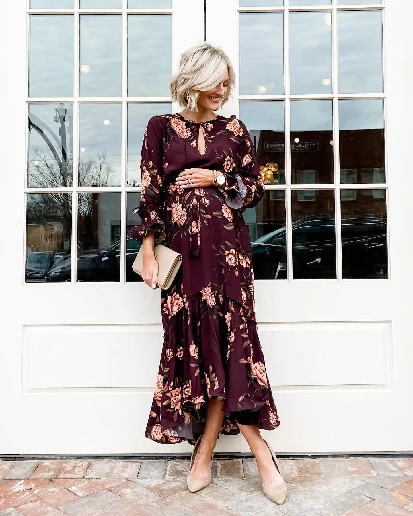 8. Burgundy Floral Midi Dress