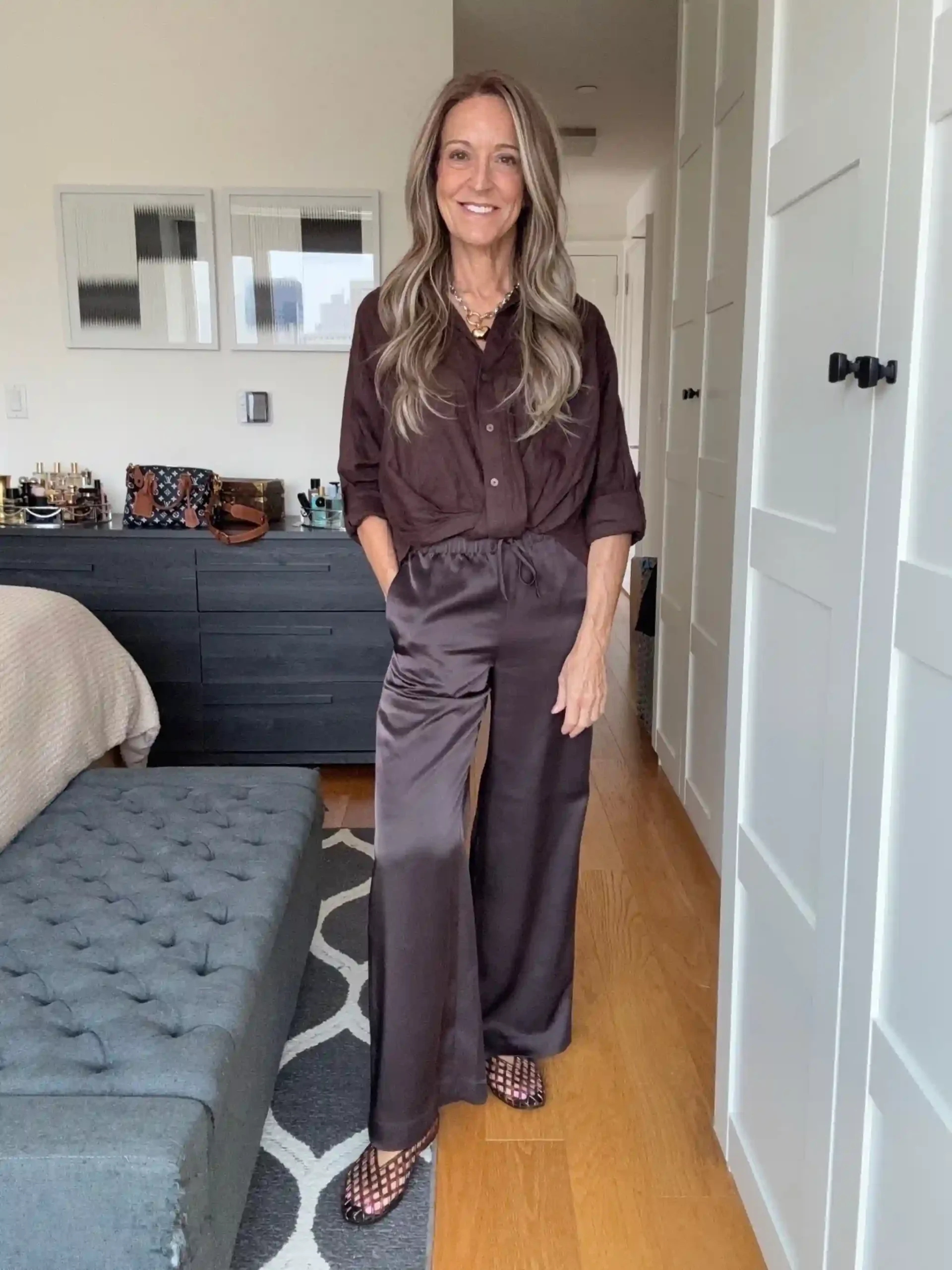 8. Chocolate Satin Pants and a Crinkled Shirt