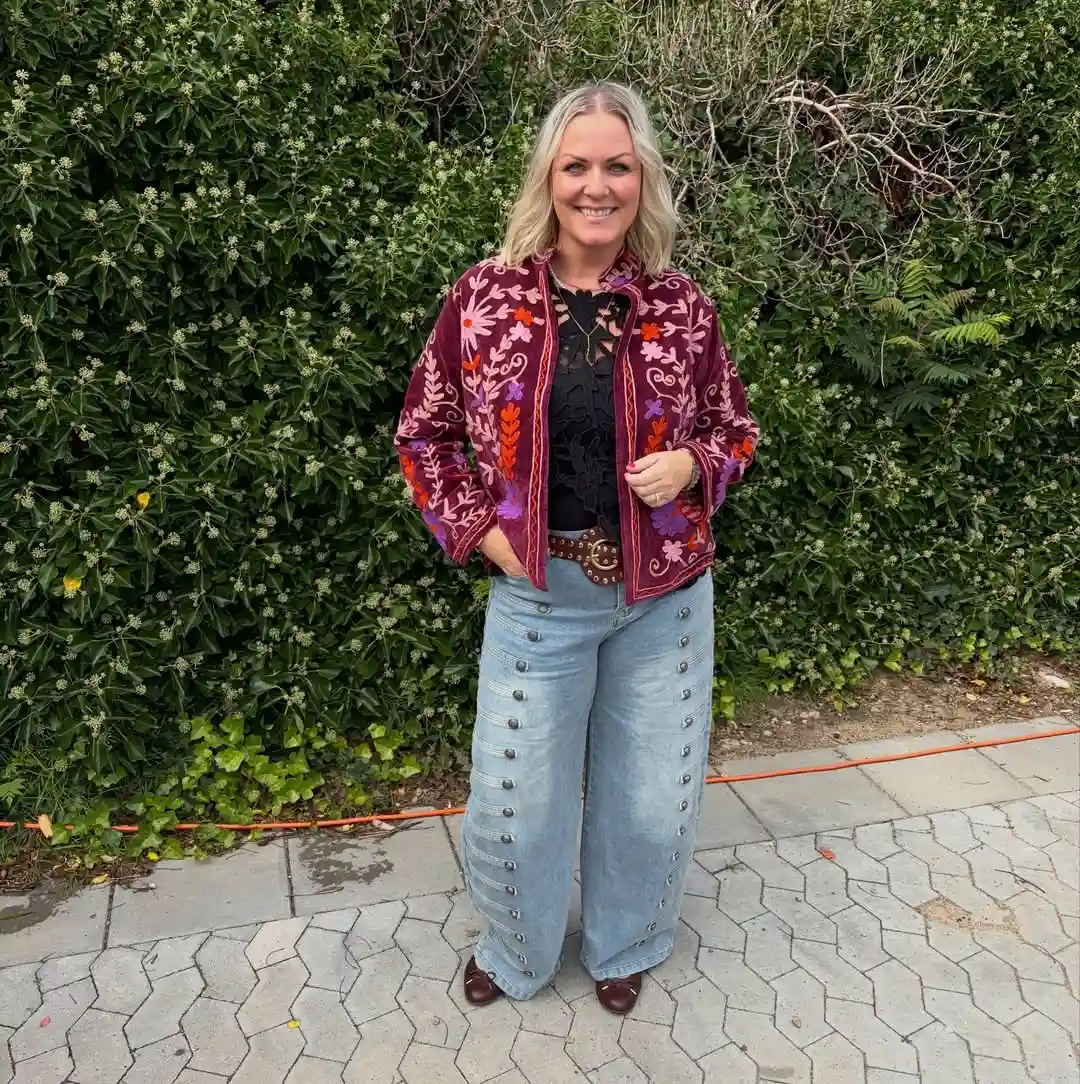 4. Embroidered Burgundy Jacket with Wide Leg Jeans