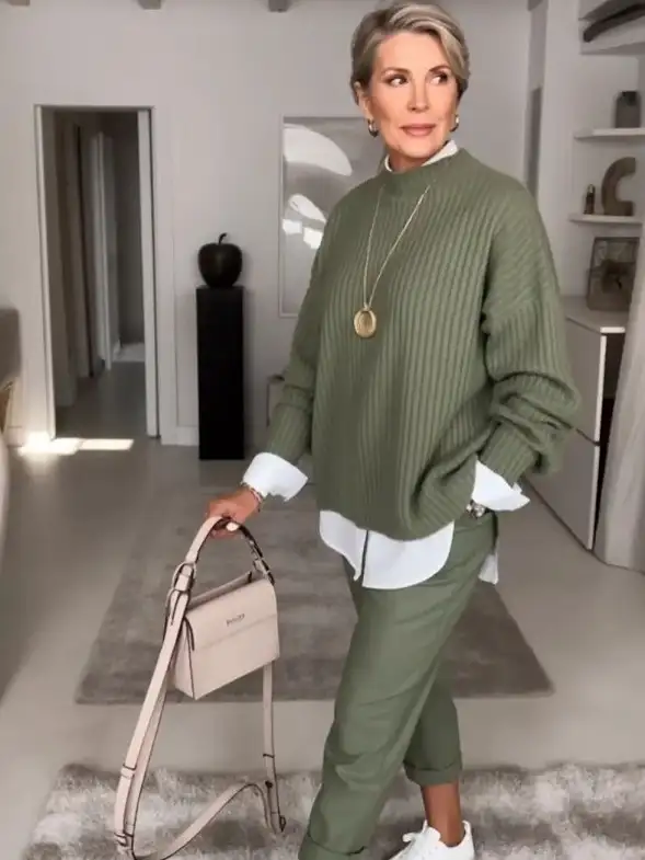 A Sage Ribbed Sweater Layered Over a White Shirt