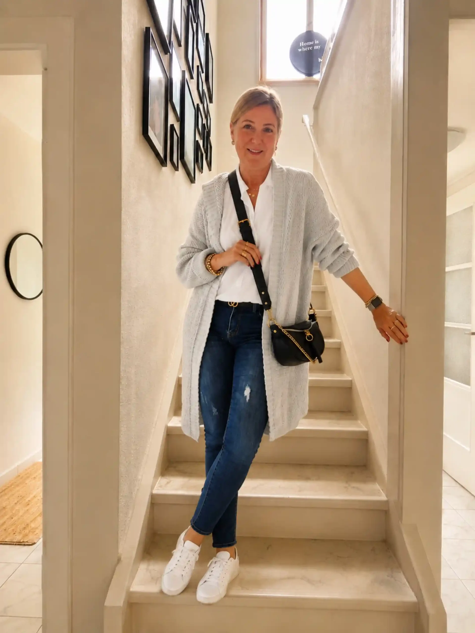 2. Long Grey Cardigan with a White Shirt and Dark Jeans