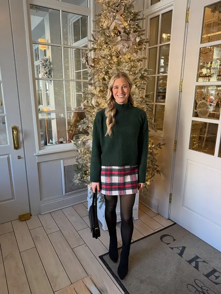 Forest Green Sweater With a Red Plaid Skirt
