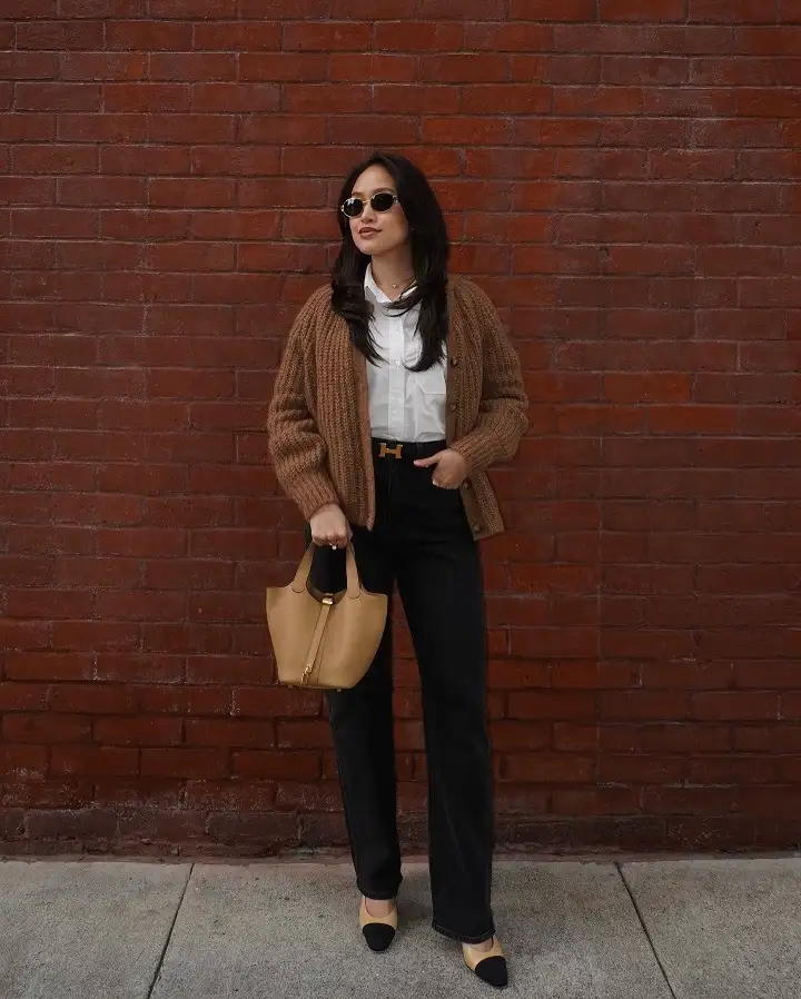 18 Preppy Outfits for Women Over 40 17 Mohair Cardigan, White Shirt, and Black High Rise Jeans