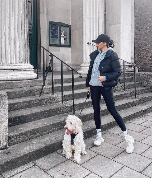 Black Puffer, Gray Hoodie, and Black Leggings