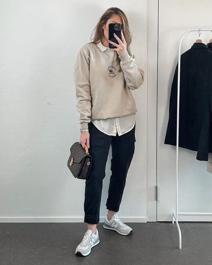 Sand Sweatshirt over a White Shirt with Black Cargo Pants