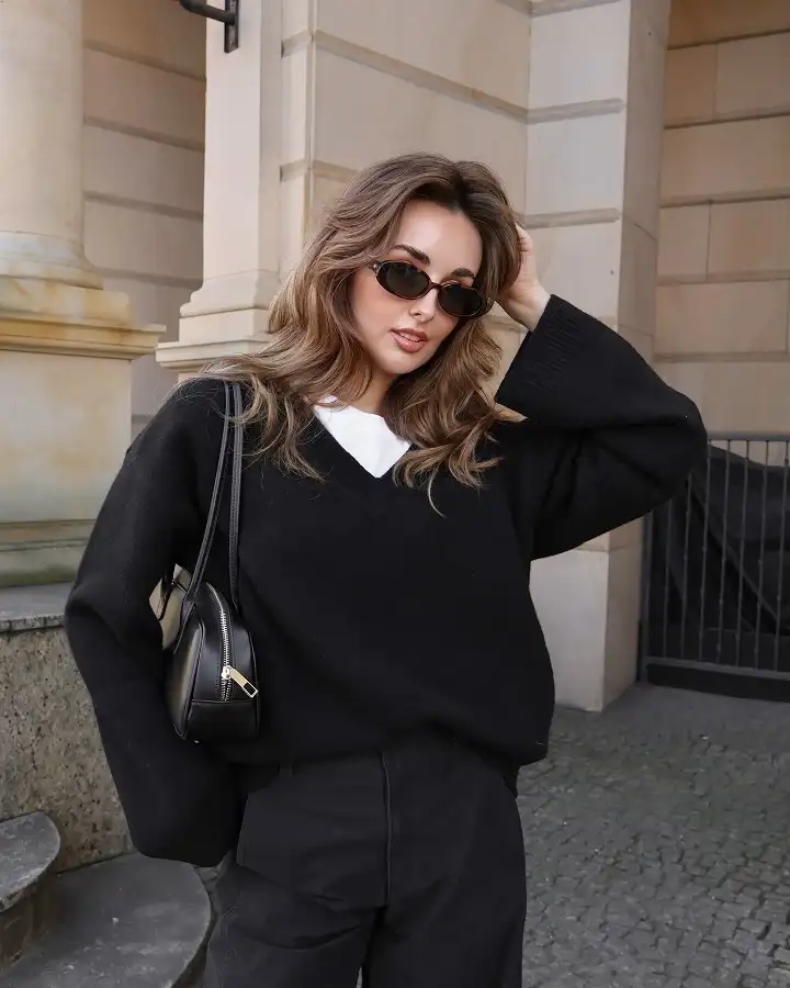 Oversized Black V Neck Sweater with a White Tee Underneath