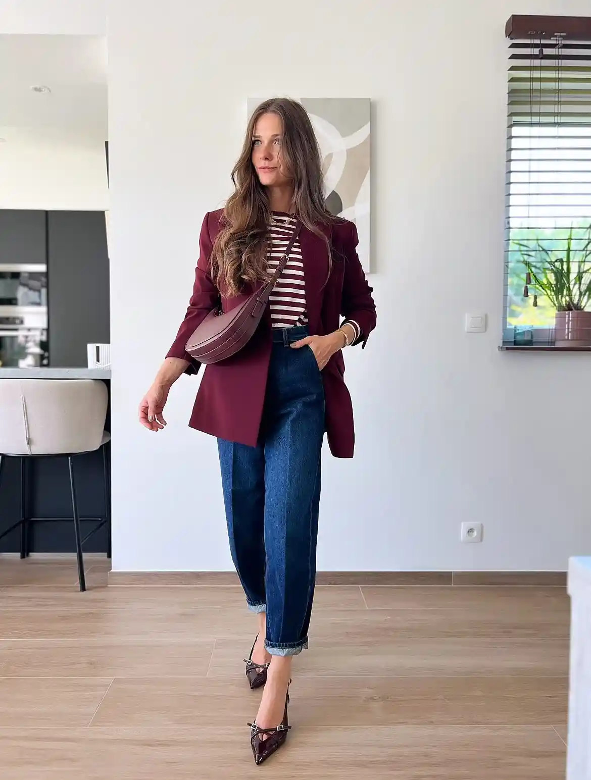 6. Burgundy Blazer with Striped Tee