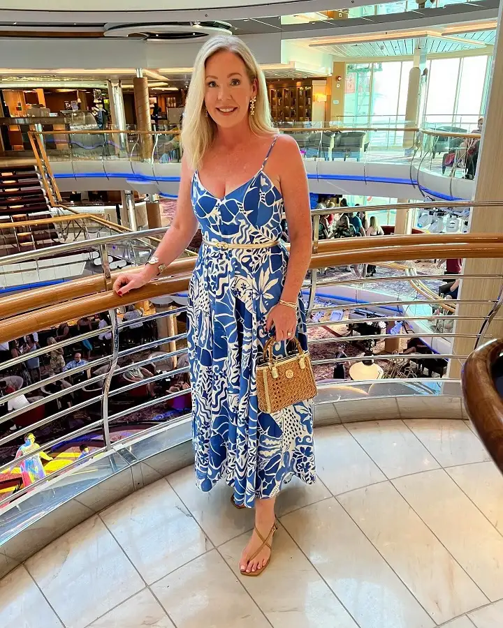 Blue and White Print Sundress With a Gold Belt