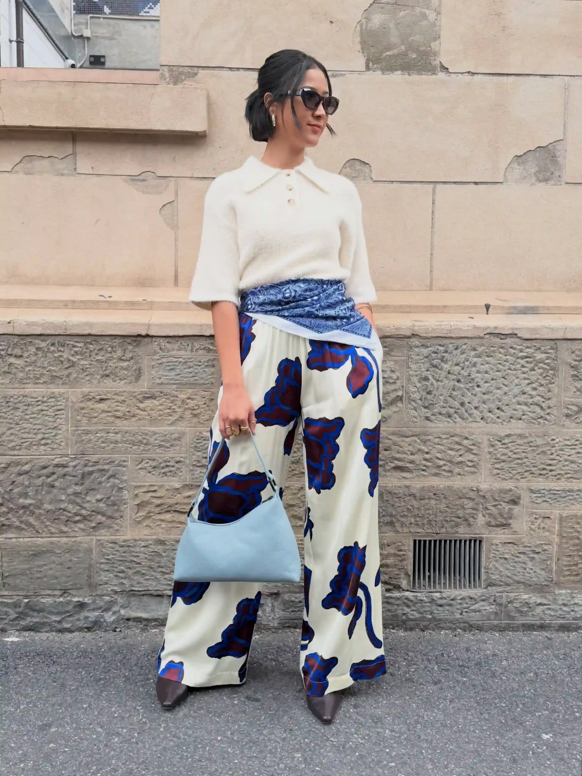 1. Printed Silk Pants With a Fuzzy Cream Polo