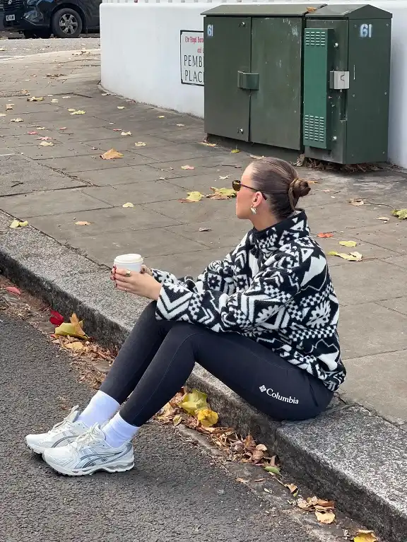 Patterned Fleece Pullover With Leggings and Running Shoes