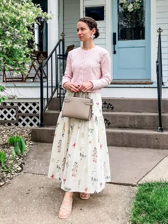 Pink Cable Knit Cardigan Over a Botanical Maxi Skirt