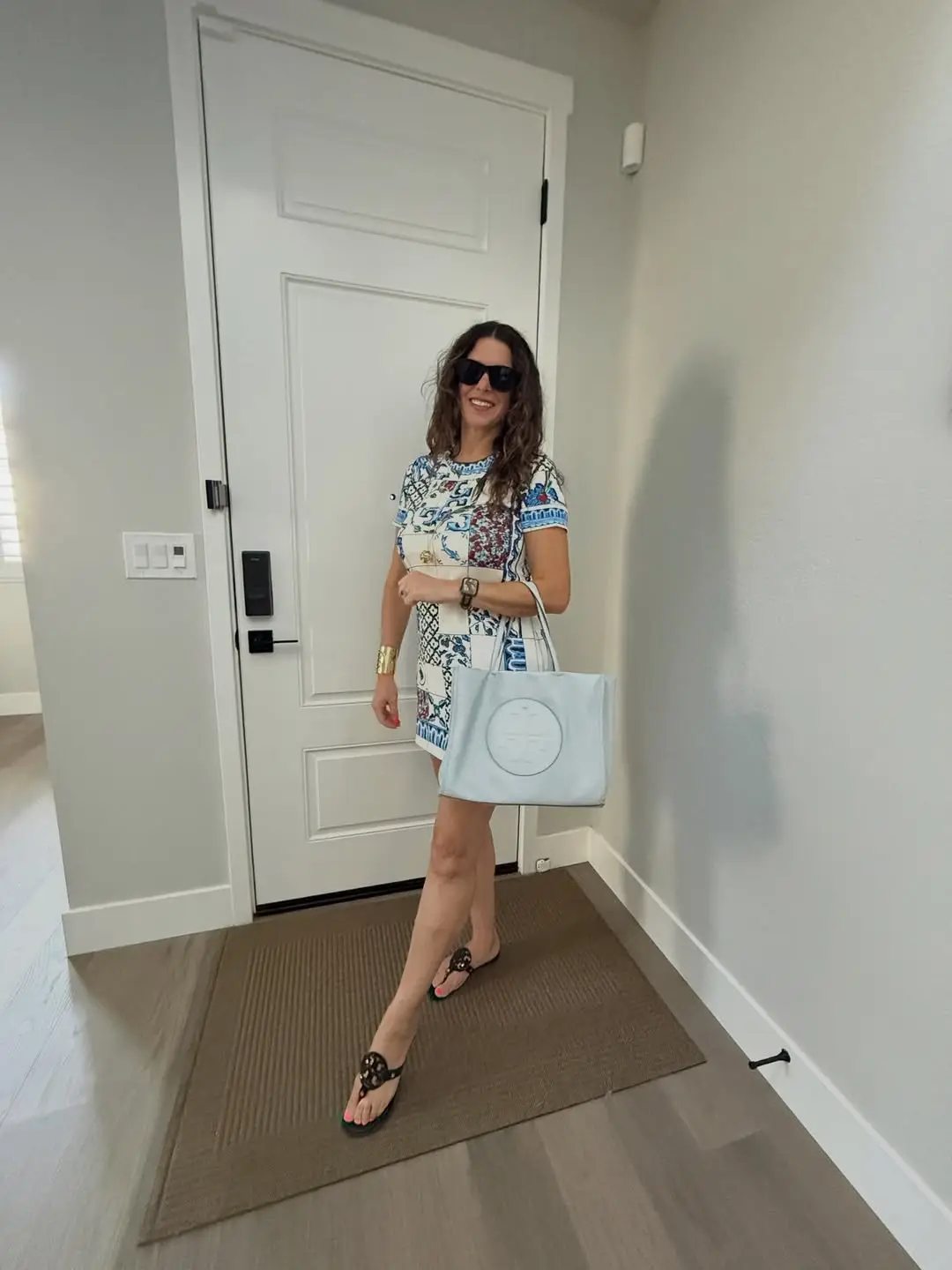 10. Printed Shift Dress with Sandal Slides